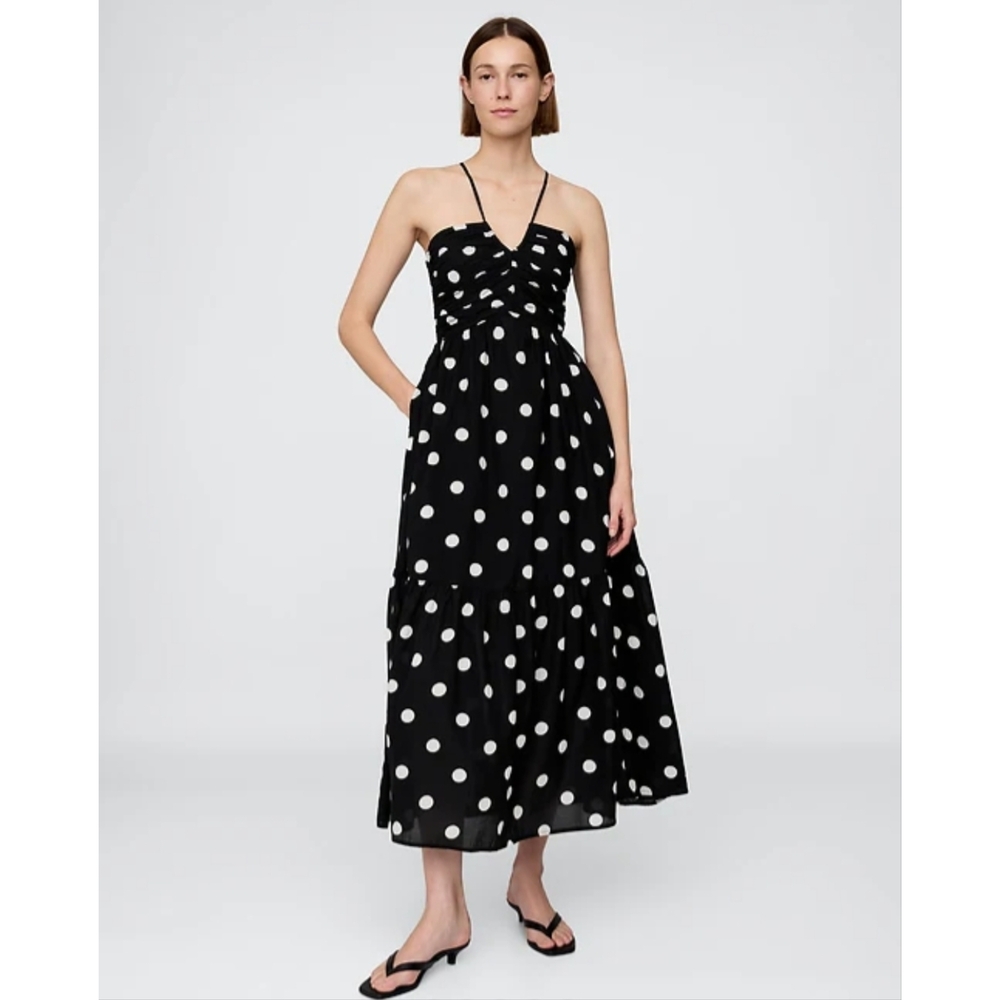 GAP Shirred Bodice Polka Dot Halter Maxi Dress - Black and White- Tall Large